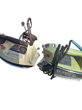 General Electric Vintage Beige & Green Electric Iron Pair
